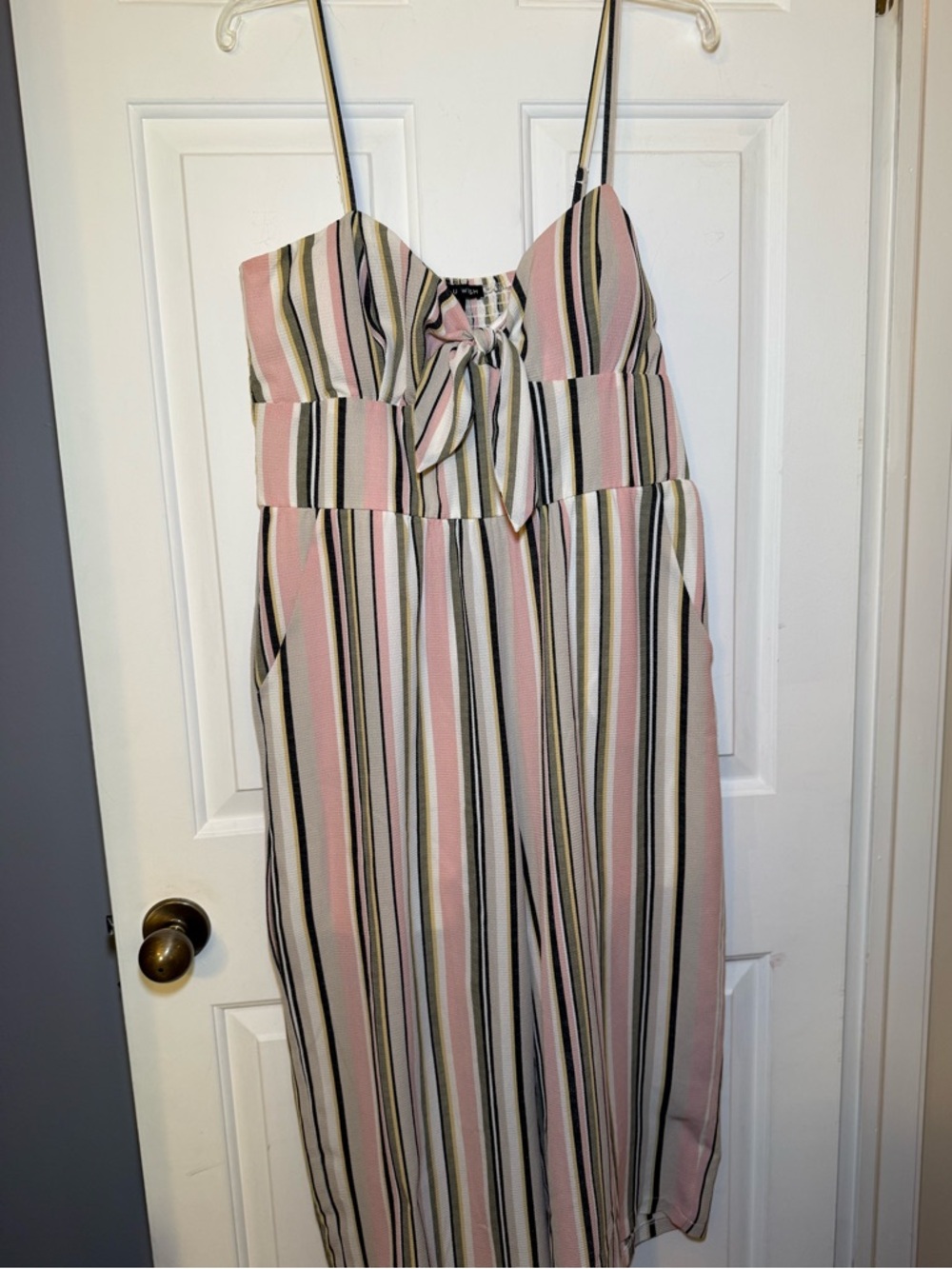 As U Wish Striped Wide Leg Jumpsuit XL Sweetheart Tie Neckline Slimming Stretch
